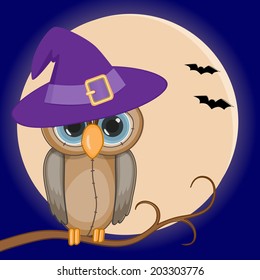 Owl in hat on the background of the moon