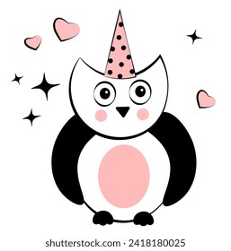 An owl in a hat on a white background. Doodle