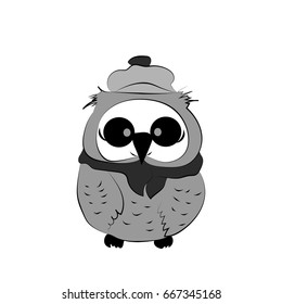 Owl with hat and scarf in gray colors. Vector illustration