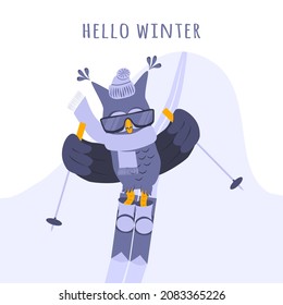 Owl in a hat and scarf rides down the mountain on skis. Hello winter. Cartoon vector illustration, design for print, sticker and postcard. Isolated on white background