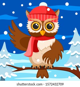 Owl in a hat and scarf sits on a branch and waves its wing. Christmas background