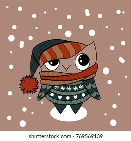 Owl in a hat and scarf in winter. Vector.