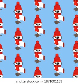 Owl in hat seamless pattern on the blue background. Vector illustration