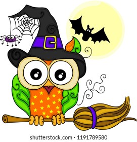 Owl with a hat witch and moon with bat