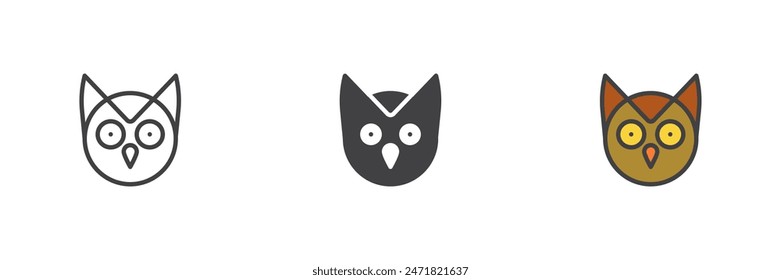 Owl head different style icon set. Line, glyph and filled outline colorful version, outline and filled vector sign. Wisdom symbol, logo illustration. Vector graphics