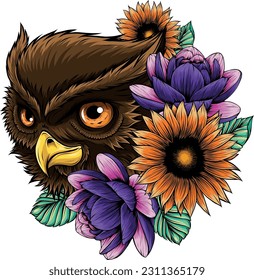 Owl head with flower and leaves on white background. vector illustration digital hand draw