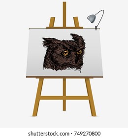 Owl head. Hand drawn vector stock illustration on easel