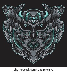 owl head illustration with a mecha theme, perfect for the design of t-shirts, merchandise, stickers, posters, etc.