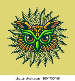 Owl head illustration with ornament background.
