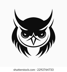 Owl head logo. Black and white emblem, icon. Vector illustration