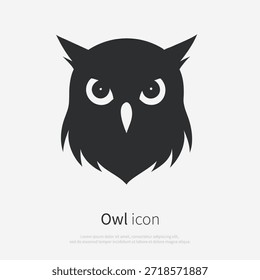 Vista frontal del logotipo de la cabeza de búho. Silueta del icono del pájaro de la noche aislada. Ilustración vectorial