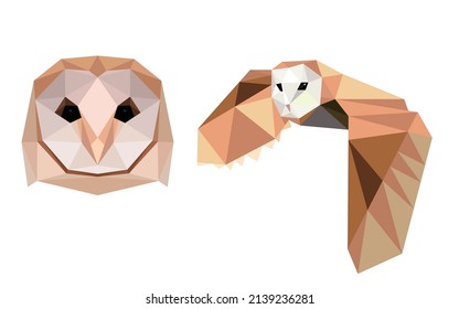 Owl head logo illustration polygon. Flying Owl and Face in low poly vector