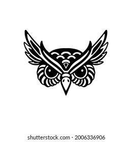 Owl Head Logo Symbol. Stencil Design. Tattoo Vector Illustration.