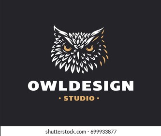 Owl head logo- vector illustration. Emblem design on black background