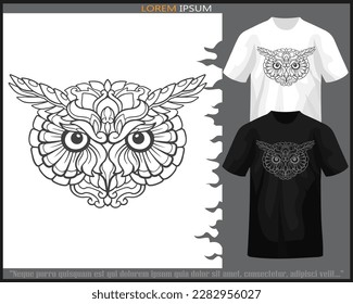 owl head mandala arts isolated on black and white t shirt.