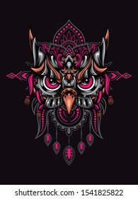 Owl head mecha vector illustration with mandala as the background ornament, suitable for apparel merchandise, t-shirt or outerwear.