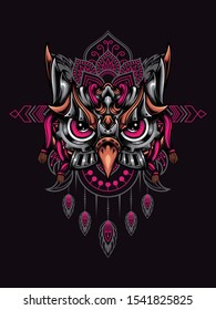 Owl head mecha vector illustration with mandala as the background ornament, suitable for apparel merchandise, t-shirt or outerwear.