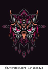 Owl head mecha vector illustration with mandala as the background ornament, suitable for apparel merchandise, t-shirt or outerwear.