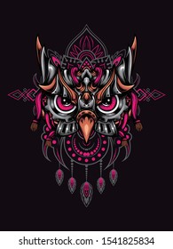 Owl head mecha vector illustration with mandala as the background ornament, suitable for apparel merchandise, t-shirt or outerwear.