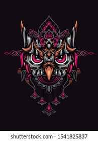 Owl head mecha vector illustration with mandala as the background ornament, suitable for apparel merchandise, t-shirt or outerwear.