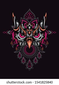 Owl head mecha vector illustration with mandala as the background ornament, suitable for apparel merchandise, t-shirt or outerwear.