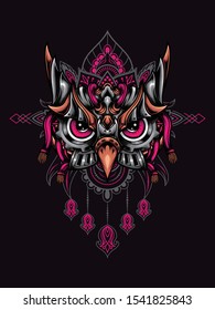 Owl head mecha vector illustration with mandala as the background ornament, suitable for apparel merchandise, t-shirt or outerwear.