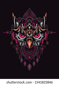 Owl head mecha vector illustration with mandala as the background ornament, suitable for apparel merchandise, t-shirt or outerwear.