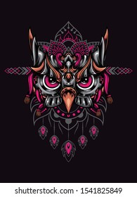 Owl head mecha vector illustration with mandala as the background ornament, suitable for apparel merchandise, t-shirt or outerwear.