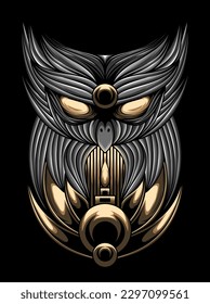 Owl head on the background of the shield. Vector illustration.