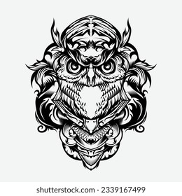 owl head ornamental design tattoo