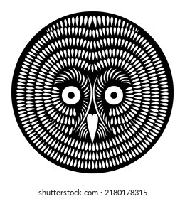 Owl head vector drawing. The head of a owl drawn with white strokes on a black background. Can be used for printing on t-shirts, posters, stickers. Calligraphic drawing. Tattoo design.