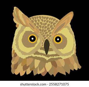 Owl head vector illustration isolated on black background. Night bird hunter. Zoo animal, scary spooky night Halloween symbol.