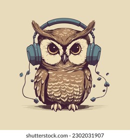 Owl with headphone earphone music hipster cool style vintage retro logo badge vector illustration