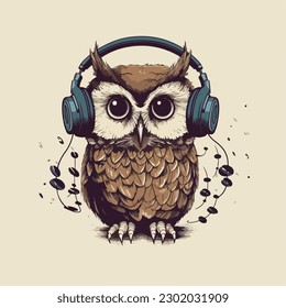 Owl with headphone earphone music hipster cool style vintage retro logo badge vector illustration