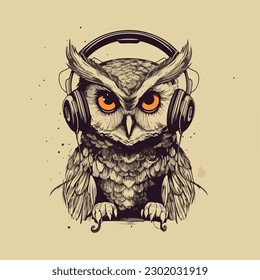 Owl with headphone earphone music hipster cool style vintage retro logo badge vector illustration