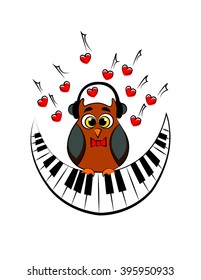 owl with headphones and with an abstract piano as a month. vector
