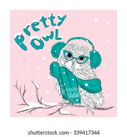 Owl with headphones . Bird were drawn by hand. Vector illustration for greeting card, poster, or print on clothes.