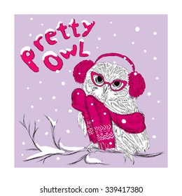 Owl with headphones . Bird were drawn by hand. Vector illustration for greeting card, poster, or print on clothes.