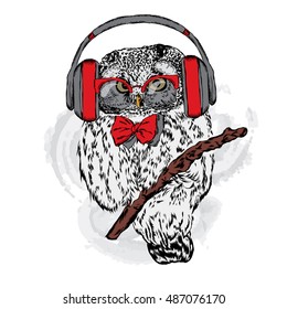 Owl with headphones. Vector illustration for greeting card, poster, or print on clothes.