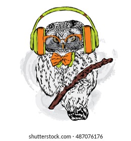 Owl with headphones. Vector illustration for greeting card, poster, or print on clothes.