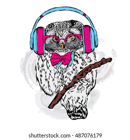 Owl with headphones. Vector illustration for greeting card, poster, or print on clothes.