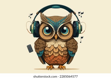 Owl with headphones vintage retro vector Illustration