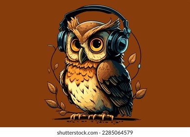 Owl with headphones vintage retro vector Illustration