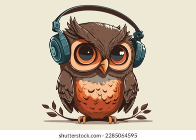 Owl with headphones vintage retro vector Illustration