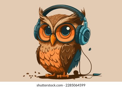 Owl with headphones vintage retro vector Illustration