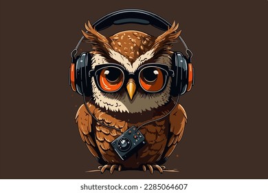 Owl with headphones vintage retro vector Illustration