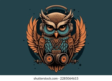 Owl with headphones vintage retro vector Illustration