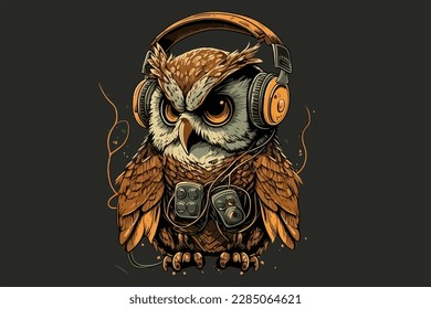 Owl with headphones vintage retro vector Illustration