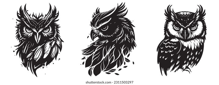 Owl heads black and white vector silhouette illustration