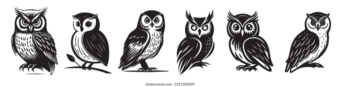 Owl heads black and white vector silhouette illustration